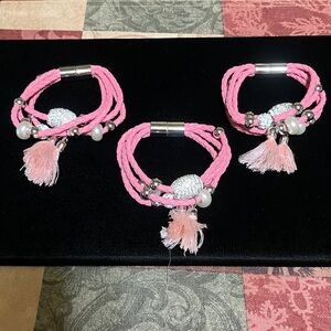 Pink Braided pug faux leather tassel bracelet with Silver Accents